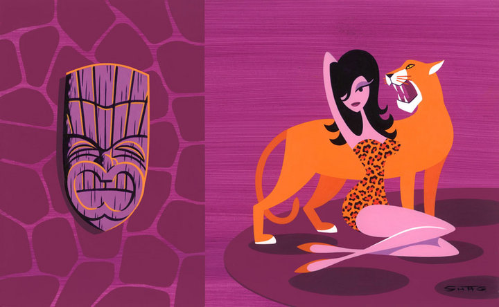 NEW WORKS BY SHAG "Jungle Drums" PINUP WITH COUGAR AND SPIRIT MASK